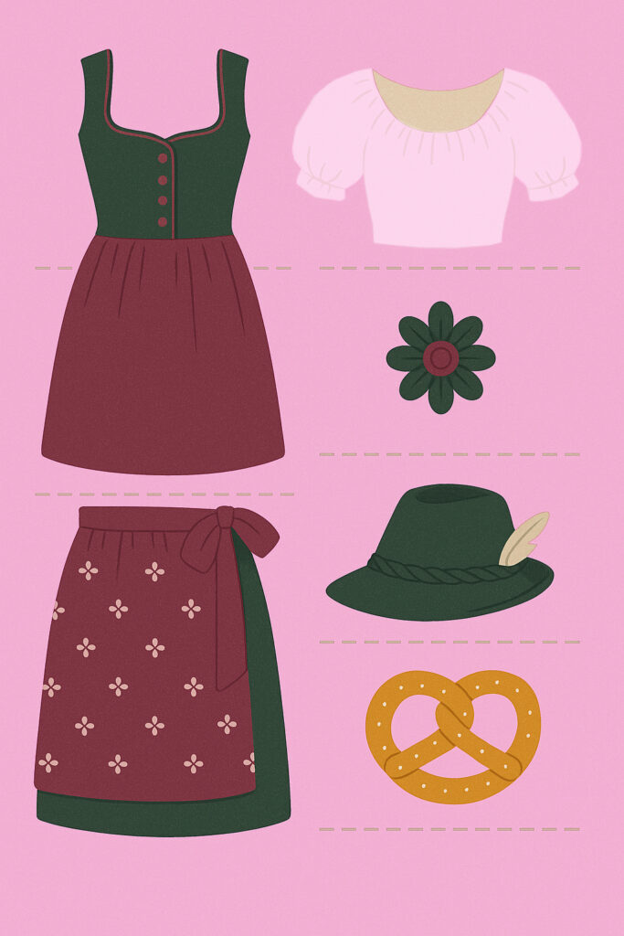 Illustration von traditioneller bayrischer Damenkleidung auf rosa Hintergrund.