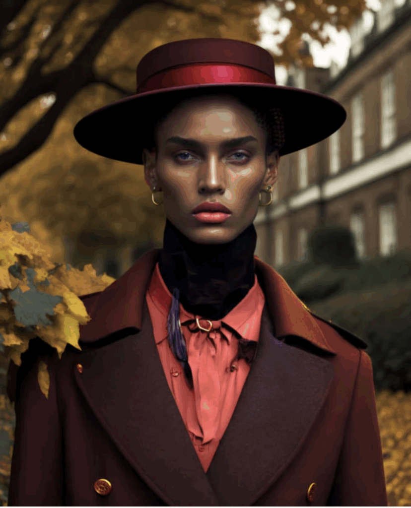 Eine Person mit ernstem Ausdruck trägt einen roten Hut und Mantel im Herbst.